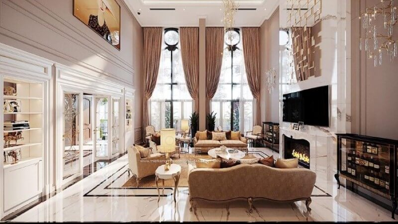 Sắp xếp nội thất phòng khách tân cổ điển đẹp, sang trọng tại Vinhomes Imperia Hải Phòng. thiết kế biệt thự