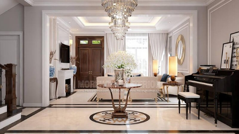 Thiết kế nội thất phòng khách tân cổ điển có đàn piano đẹp, sang trọng tại biệt thự Palm Garden. thiết kế biệt thự